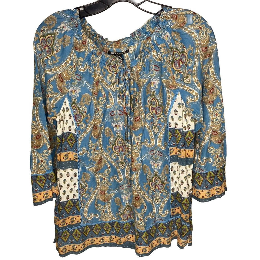 Lucky Brand Long Sleeve Top Blouse Womens Size M Shirt BOHO Peasant Lightweight